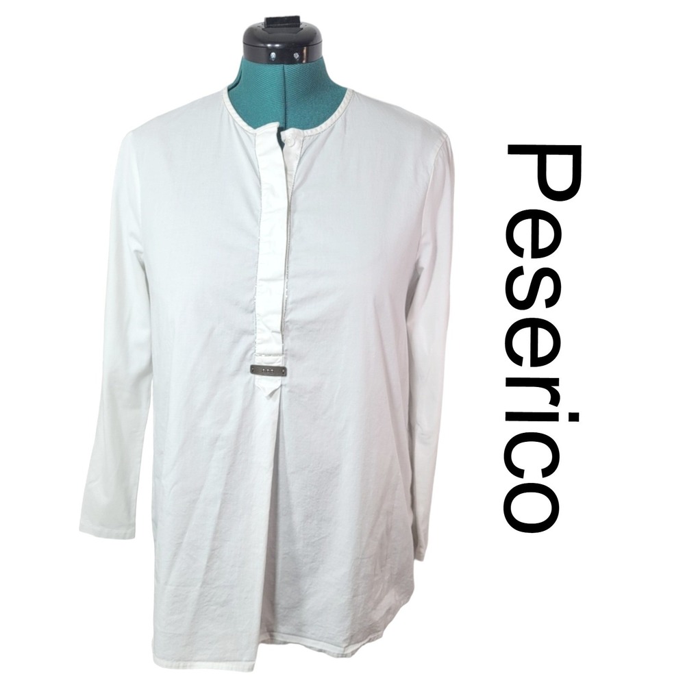 Peserico White Henley Long Sleeve Tunic‎ Blouse Silver Chain Trim Italy XXL